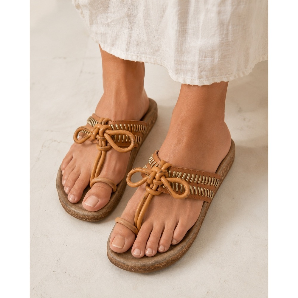 Ulla Johnson Jini Bow Tan Leather Toe-Ring Sandals Gold Whipstitch Bow Slides 39